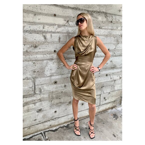 Y2K Anglomania Liquid Bronze Silk Dress - Picture 2 of 8